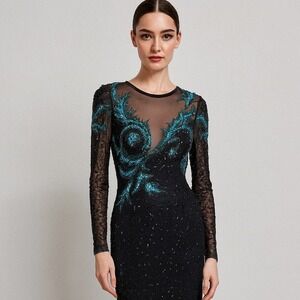 Vintage AJ Bari black Beaded Sequin asymmetrical silk Gown Long Sleeve SZ‎ 8